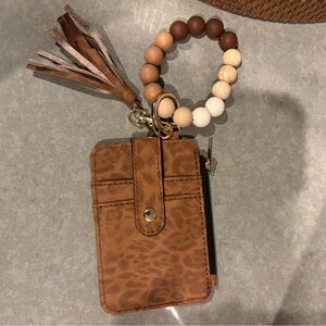 Brown Leopard Print Card Holder with Beaded Keychain